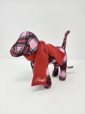 PINK Victoria's Secret Plaid Dog Figurine with Red Scarf